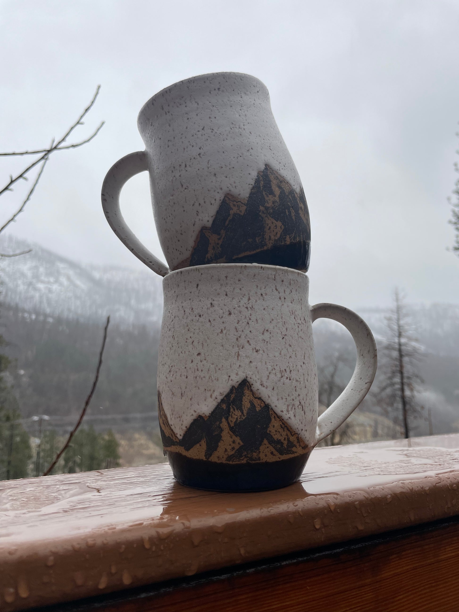 Set of Mountain mugs at the cabin.