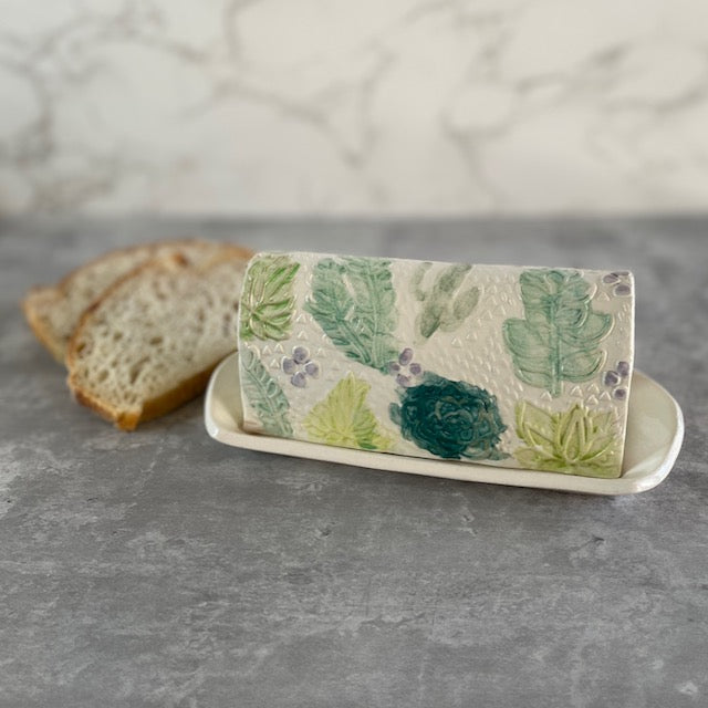 Succulent Water Color Textured Covered Butter Dish