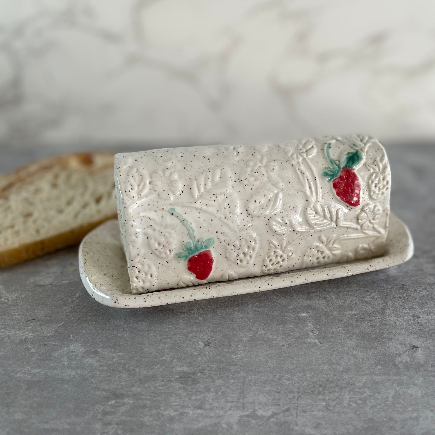 Strawberry Textured Ceramic Covered Butter Dish