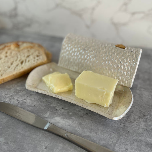 Whimsical Gold and Mother of Pearl Rainstorm Ceramic Covered Butter Dish