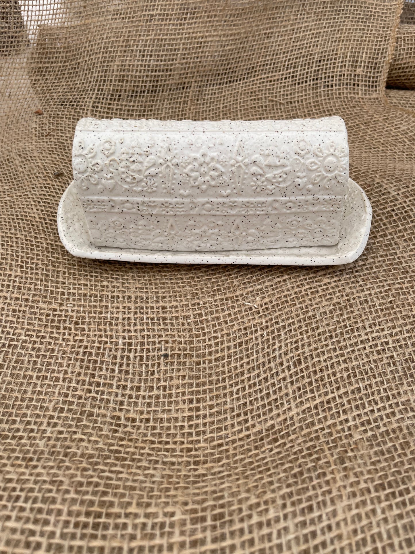 Scandinavian Folk Textured Ceramic Covered Butter Dish