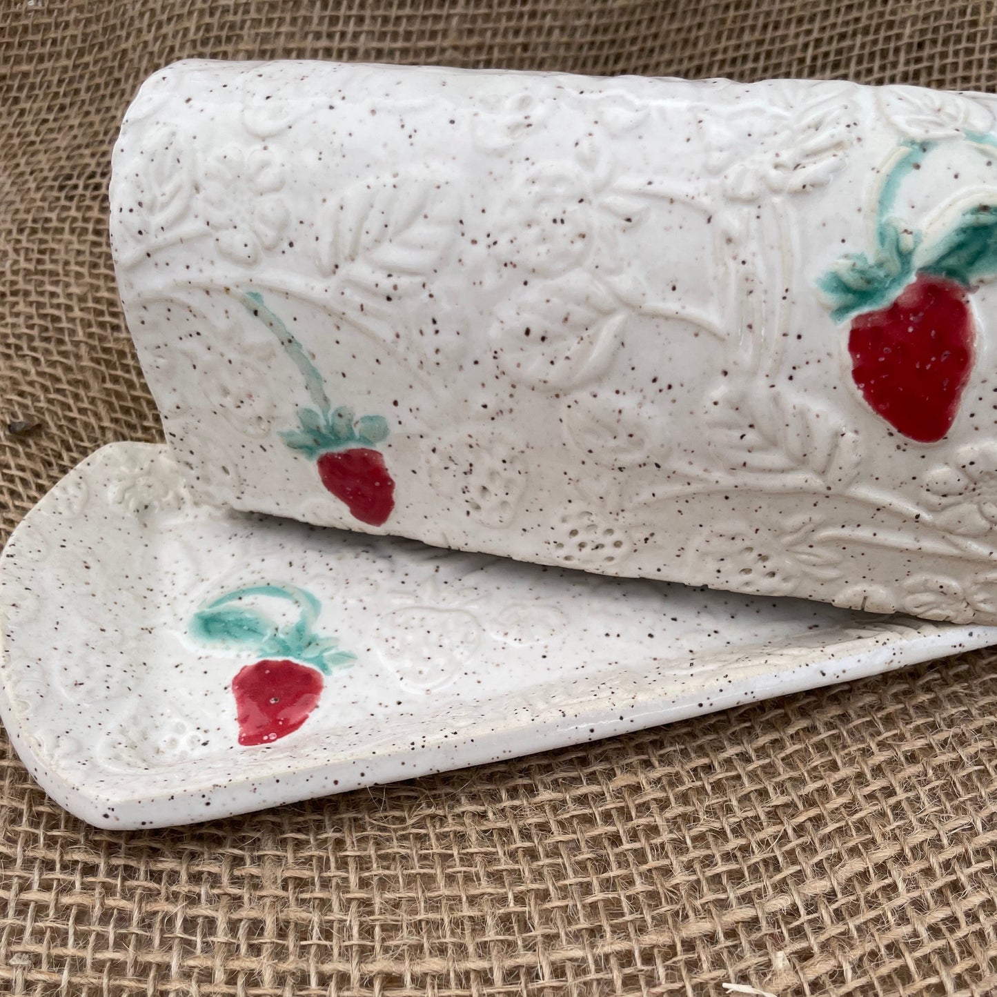 Strawberry Textured Ceramic Covered Butter Dish