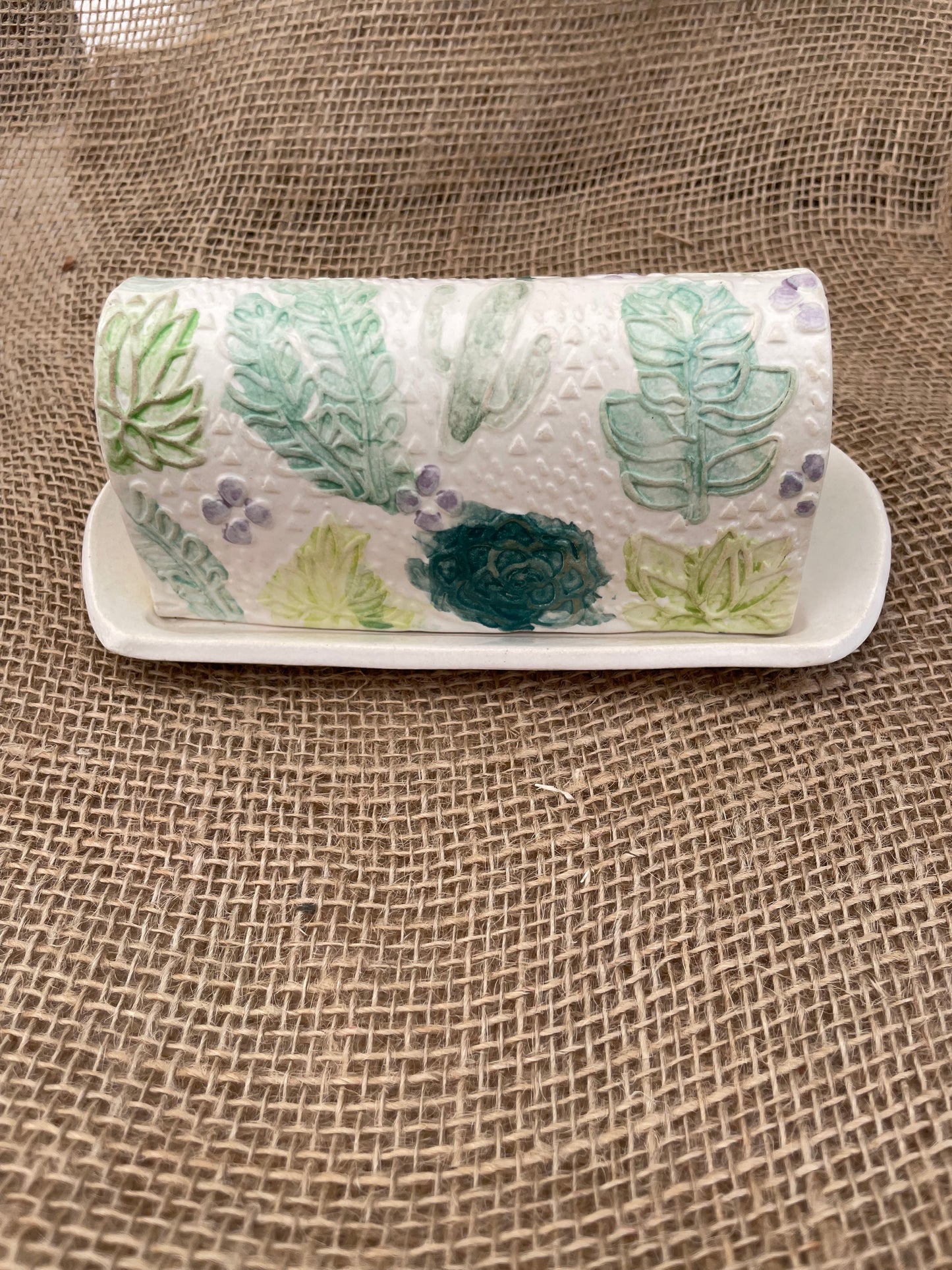 Succulent Water Color Textured Covered Butter Dish